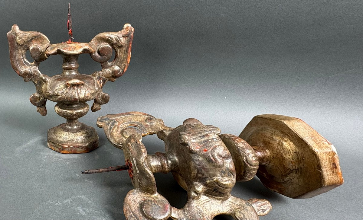 Coppia di Candelabri Porta Cero Legno Argentato Italia XVIII-photo-3