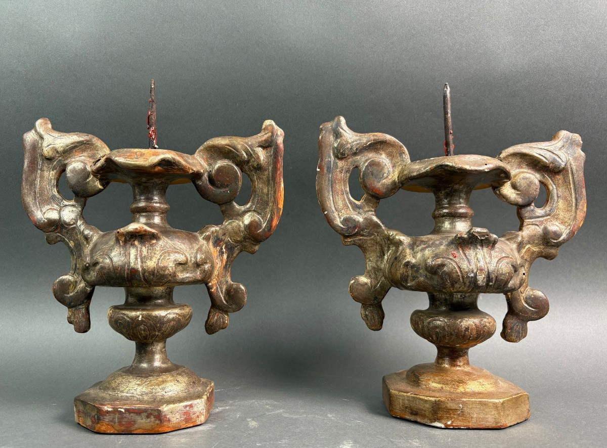 Coppia di Candelabri Porta Cero Legno Argentato Italia XVIII