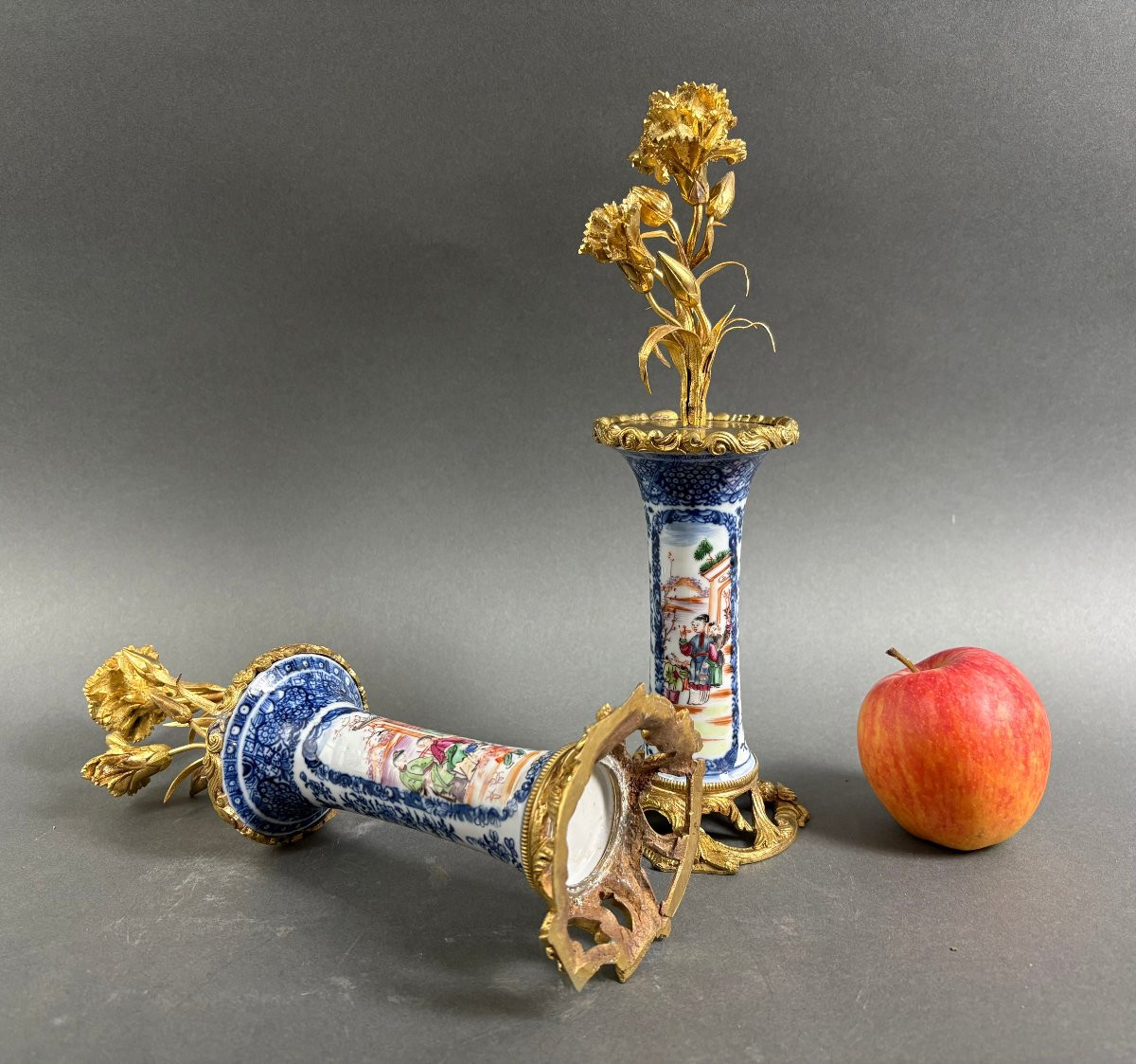 Coppia di candelieri Luigi XV Bronzo e Porcellana a Cineserie XVIII secolo-photo-2