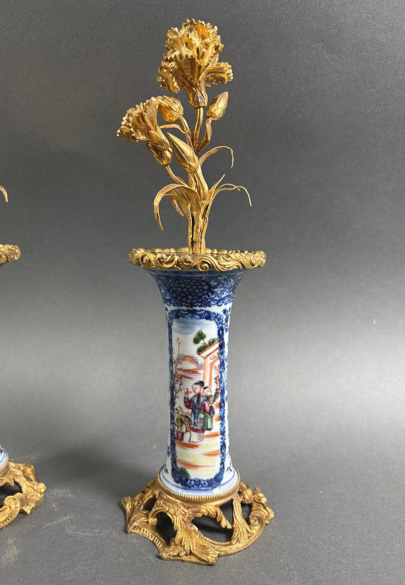 Coppia di candelieri Luigi XV Bronzo e Porcellana a Cineserie XVIII secolo-photo-3