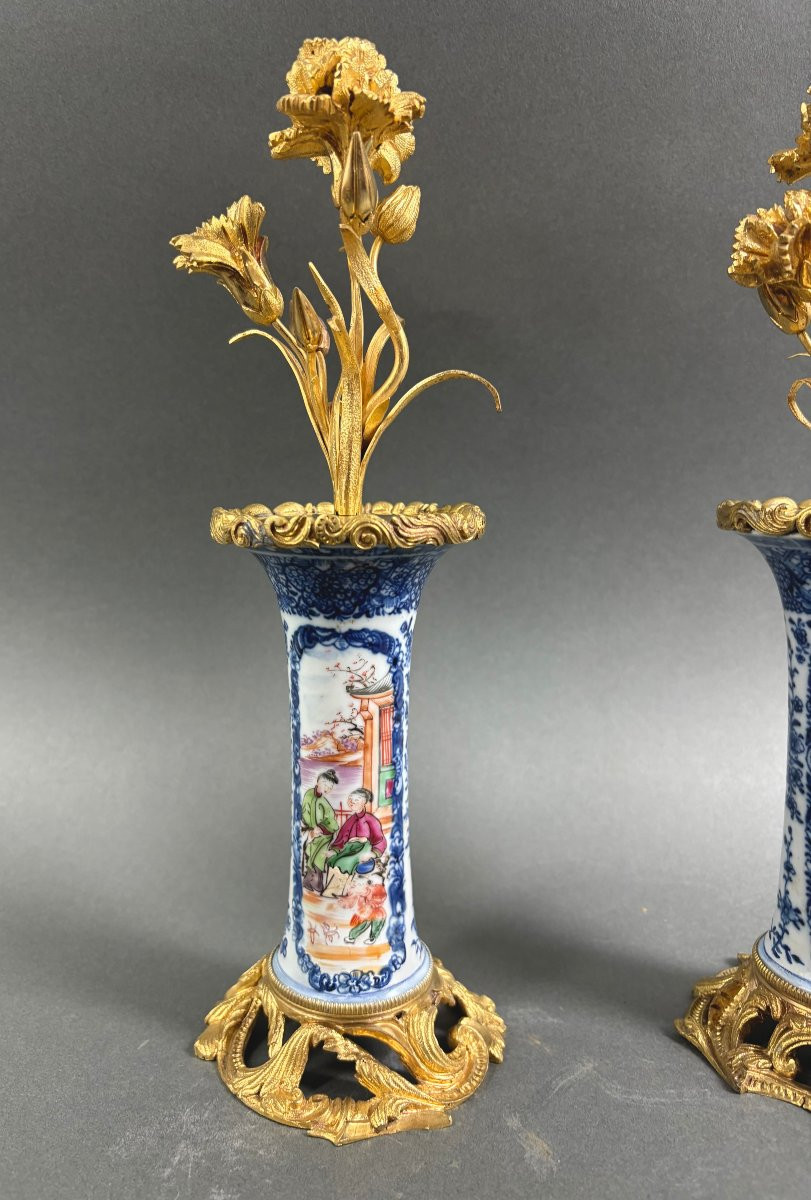 Coppia di candelieri Luigi XV Bronzo e Porcellana a Cineserie XVIII secolo-photo-4