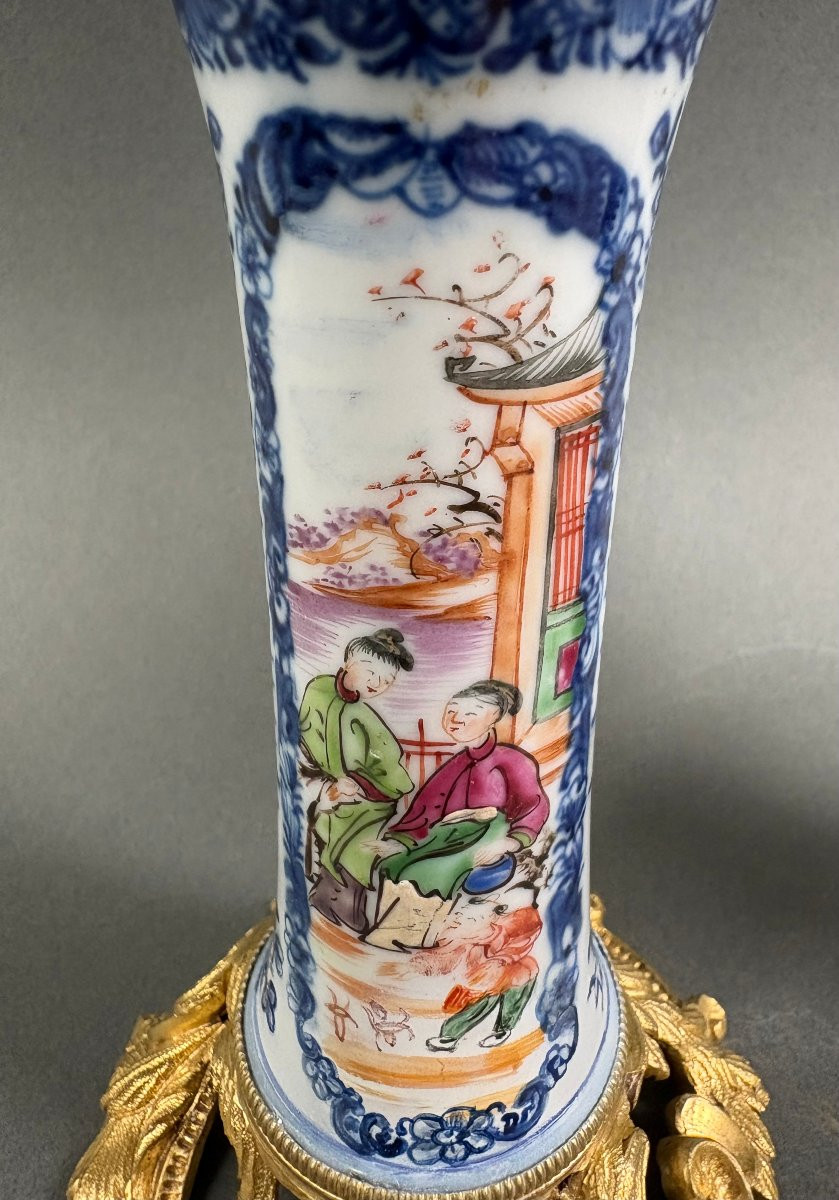 Coppia di candelieri Luigi XV Bronzo e Porcellana a Cineserie XVIII secolo-photo-4