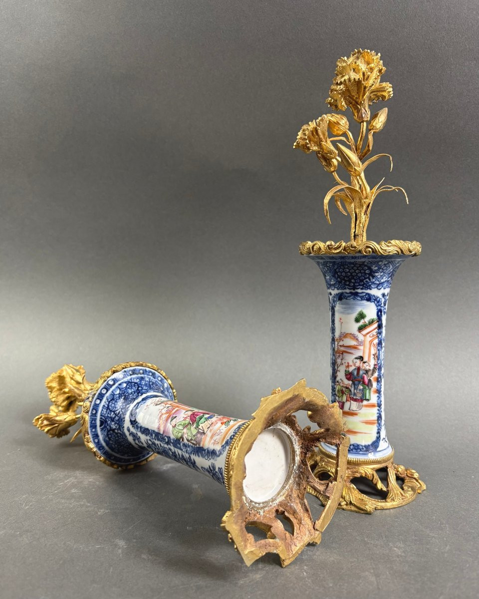 Coppia di candelieri Luigi XV Bronzo e Porcellana a Cineserie XVIII secolo-photo-6