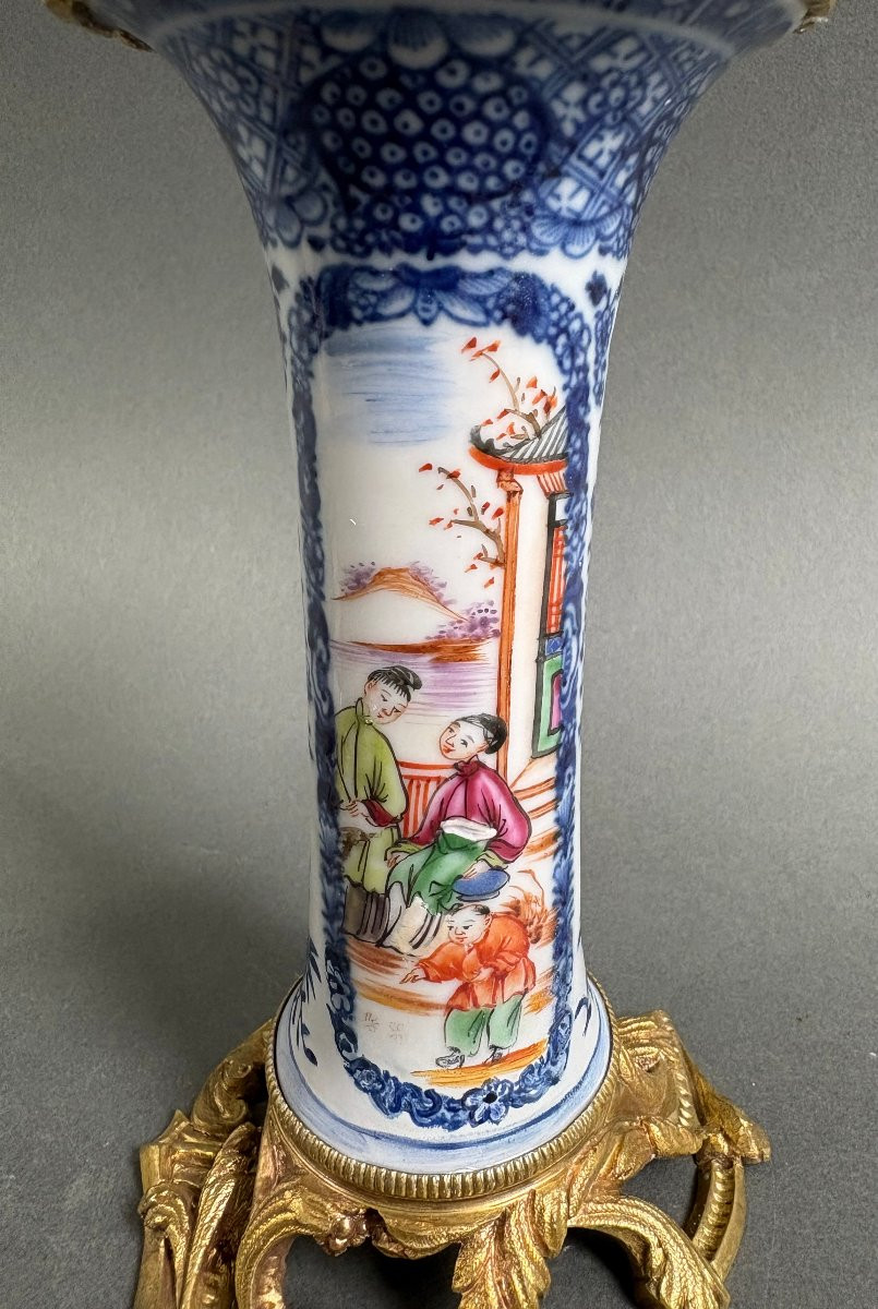 Coppia di candelieri Luigi XV Bronzo e Porcellana a Cineserie XVIII secolo-photo-7