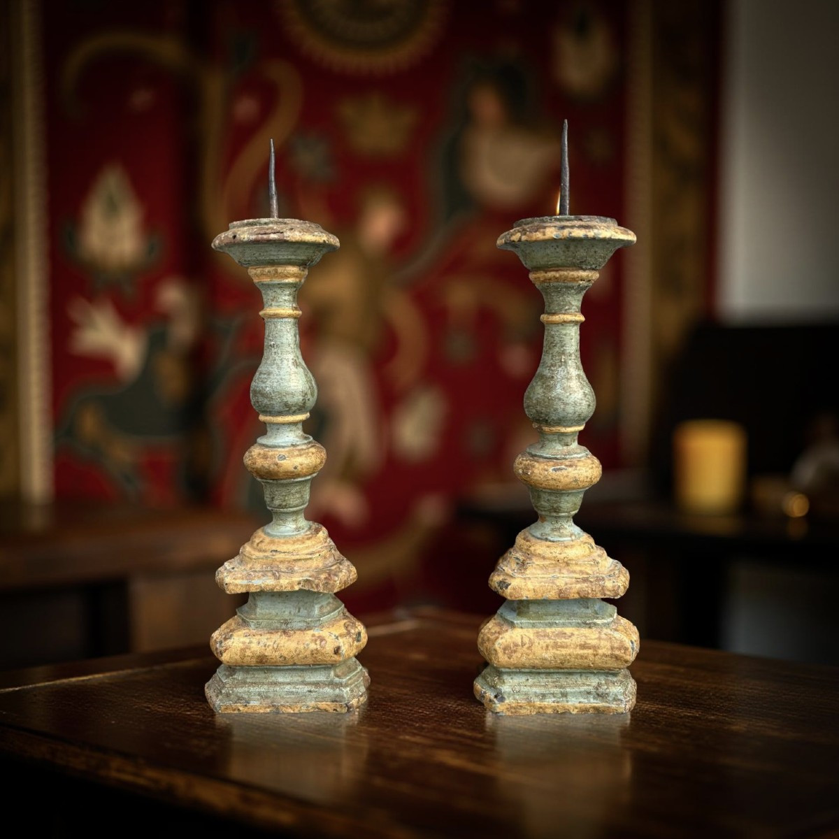 Coppia di Candelieri in Legno Laccato Italia XVIII secolo-photo-4