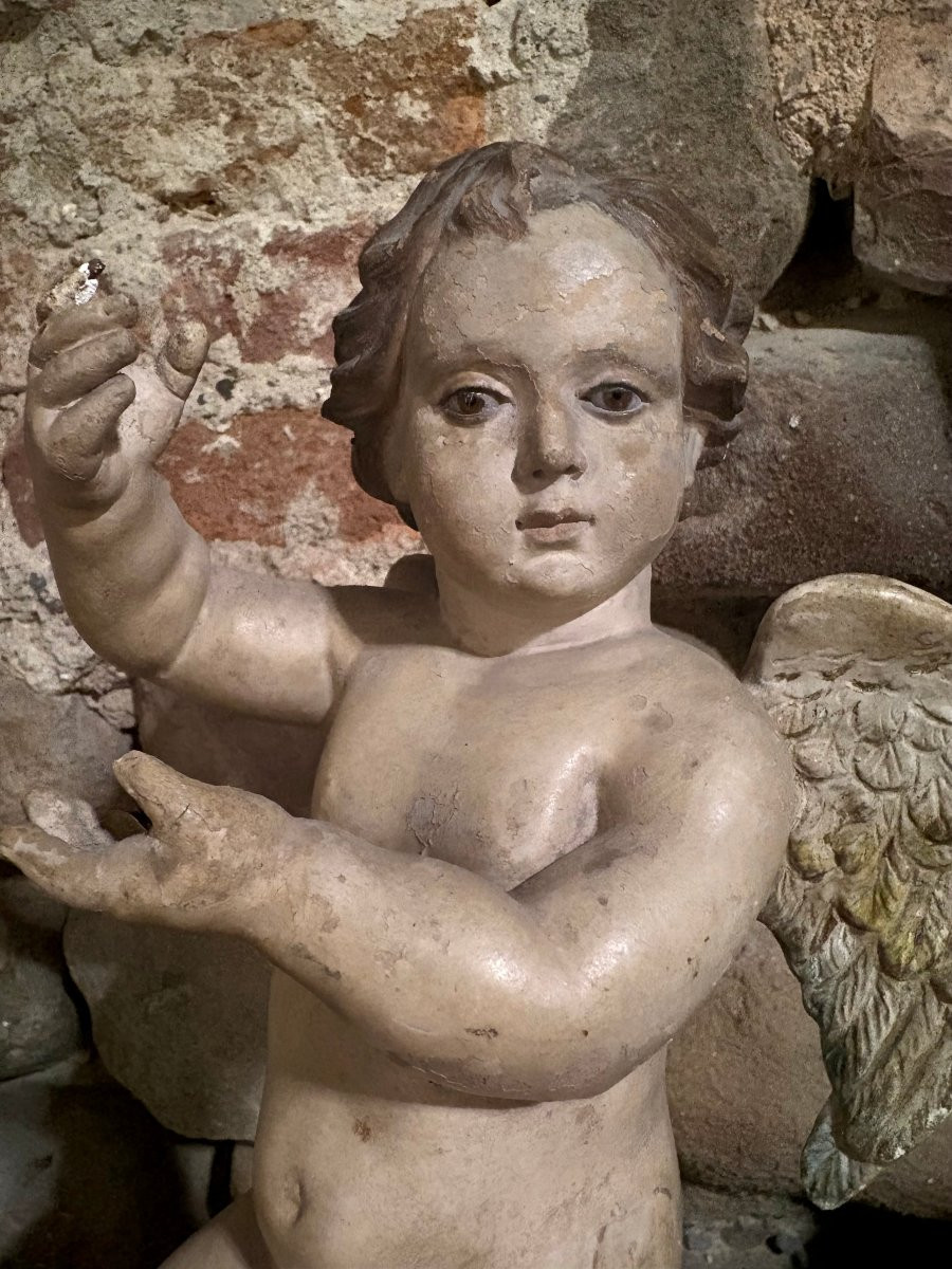 Scultura di Angelo in Terracotta Policroma Italia XVIII secolo-photo-4