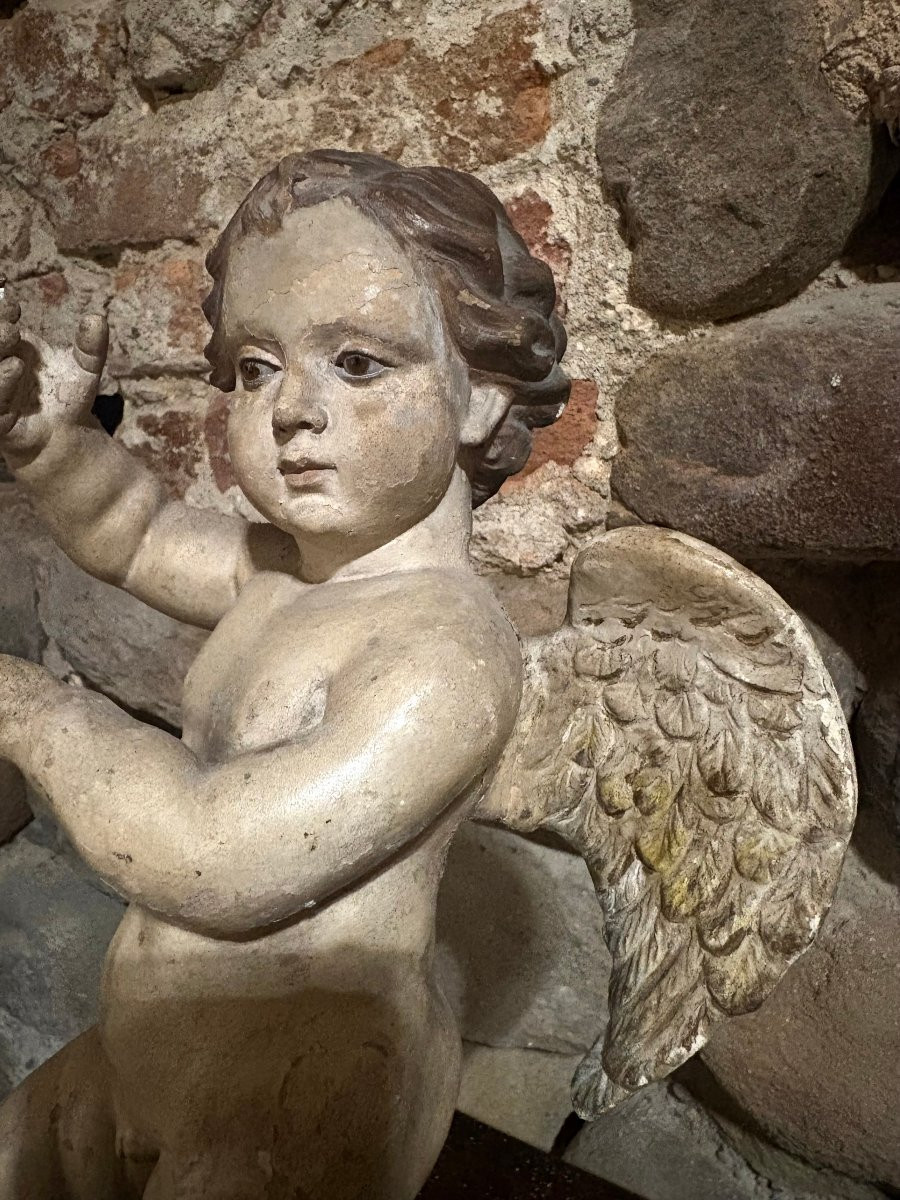 Scultura di Angelo in Terracotta Policroma Italia XVIII secolo-photo-1