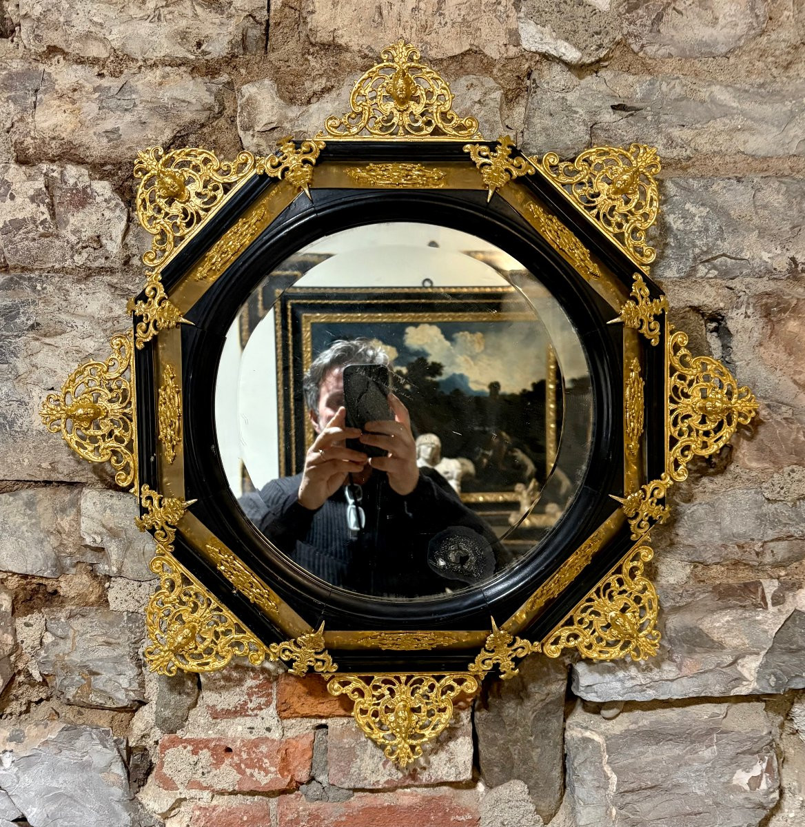 Grande Cornice con Specchio Rinascimento Fiorentino Legno Bronzo Dorato-photo-2