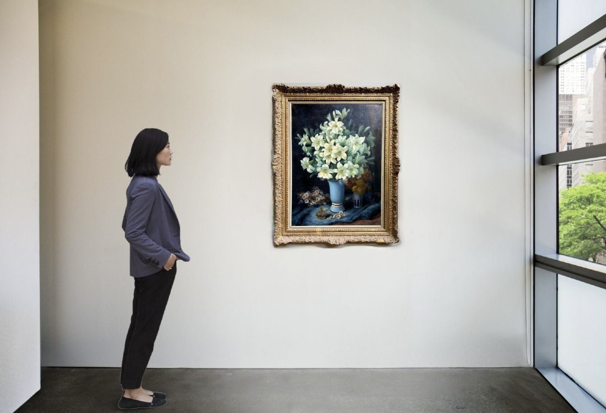 Georges Jessen (1892-1963) Grande natura Morta Vaso con Fiori di Giglio-photo-1