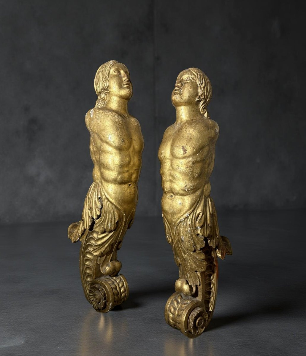 Coppia di Grandi Cariatidi in Legno Dorato Sculture Barocche XVII-photo-2