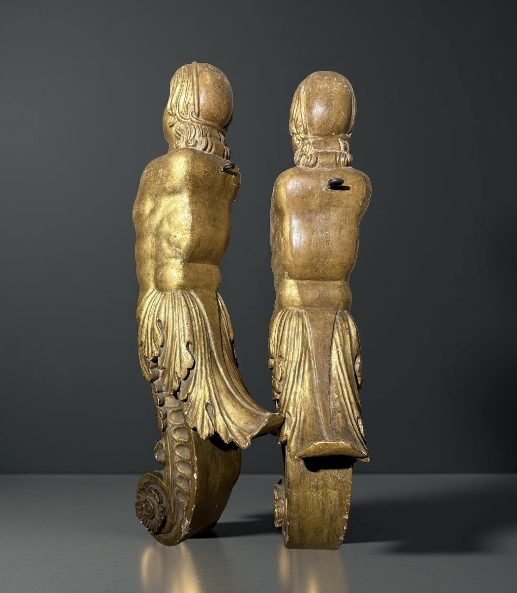 Coppia di Grandi Cariatidi in Legno Dorato Sculture Barocche XVII-photo-4