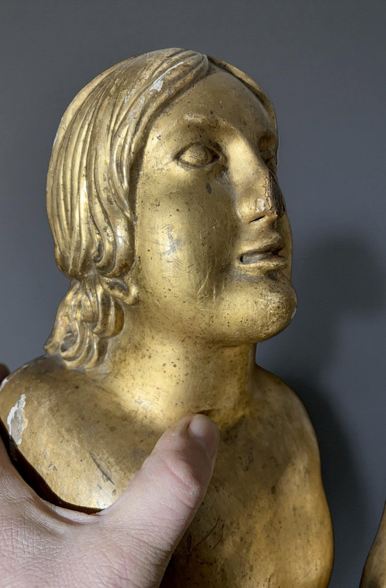 Coppia di Grandi Cariatidi in Legno Dorato Sculture Barocche XVII-photo-2