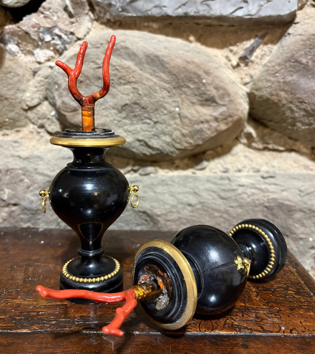 Coppia di Vasi in Legno e Bronzo Dorato con Coralli Wunderkammer-photo-1