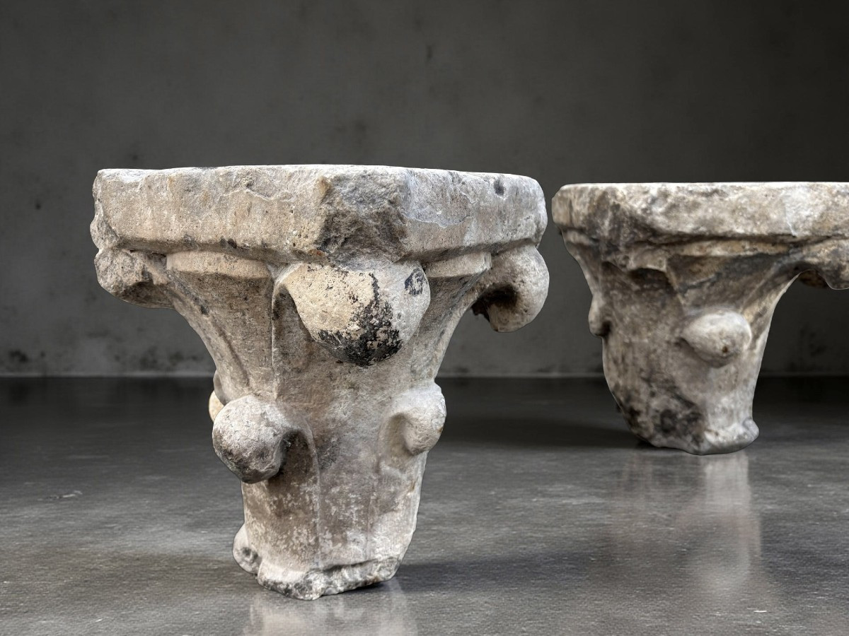 Coppia di Capitelli Medievali in Marmo di Zandobbio XII secolo-photo-4