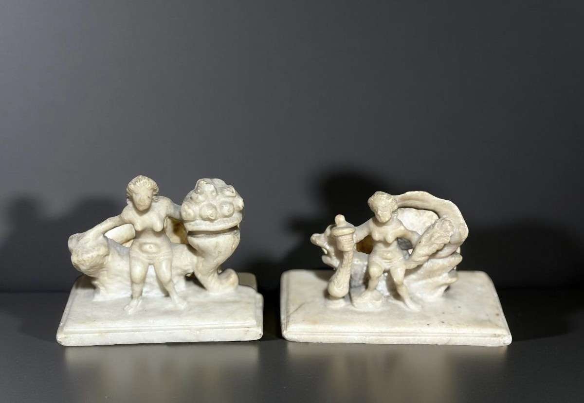 Coppia di Sculture in Alabastro di Mechelen, Allegorie, XVI secolo-photo-4