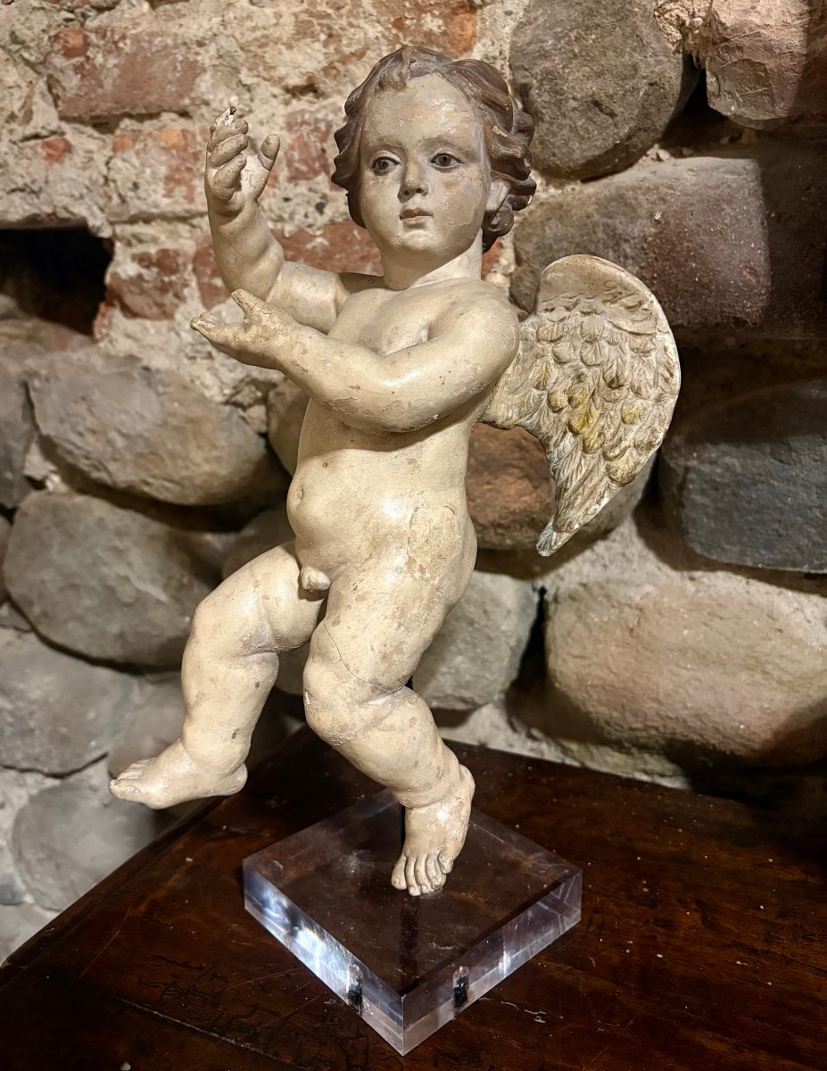 Putto Barocco in Terracotta Policroma Occhi in Vetro inizi XVIII-photo-2