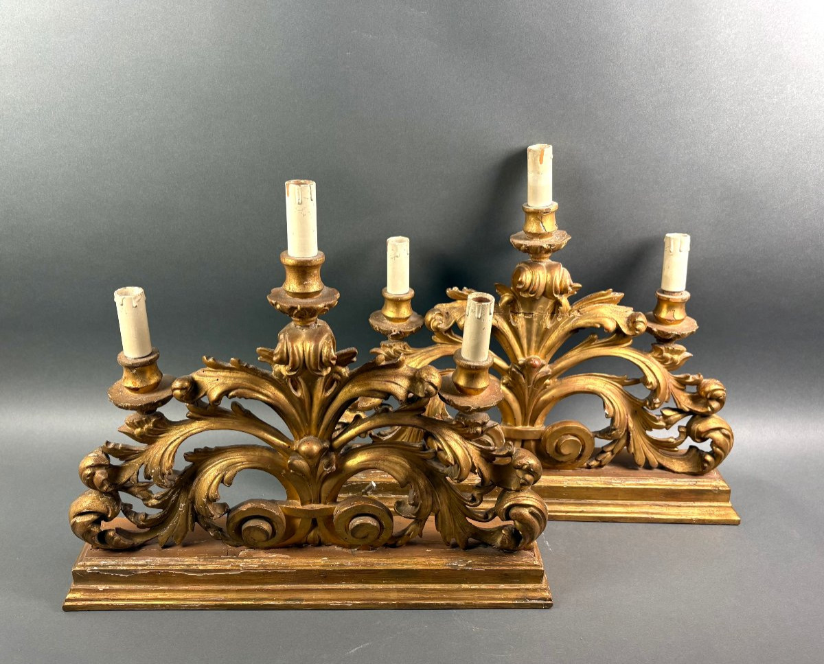 Coppia di Candelabri da Altare Legno Dorato  Luigi XV XVIII secolo-photo-2