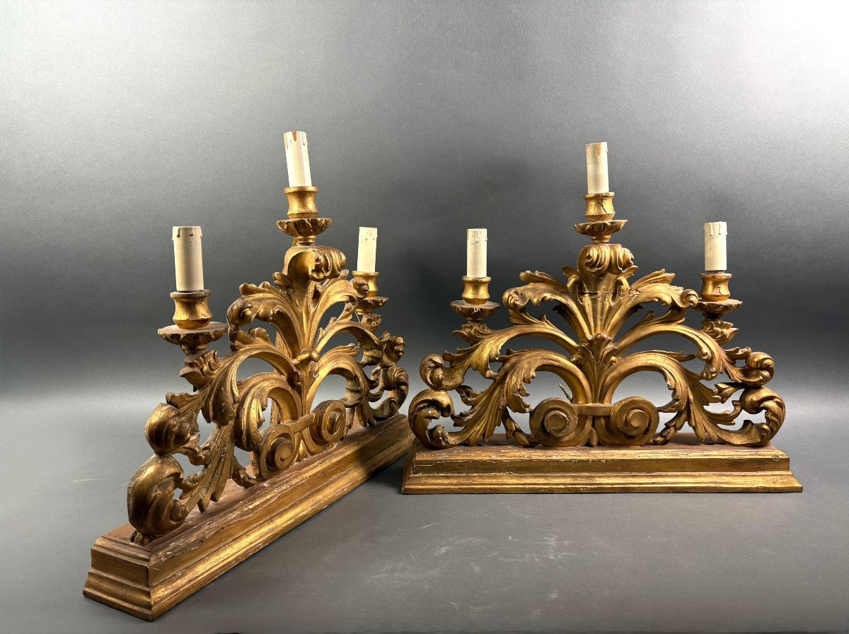 Coppia di Candelabri da Altare Legno Dorato  Luigi XV XVIII secolo-photo-3