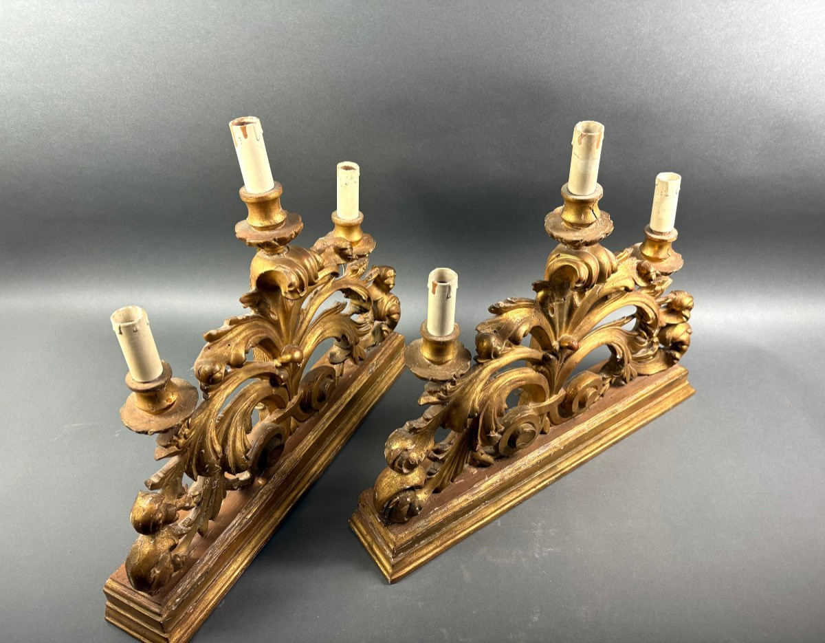 Coppia di Candelabri da Altare Legno Dorato  Luigi XV XVIII secolo-photo-4