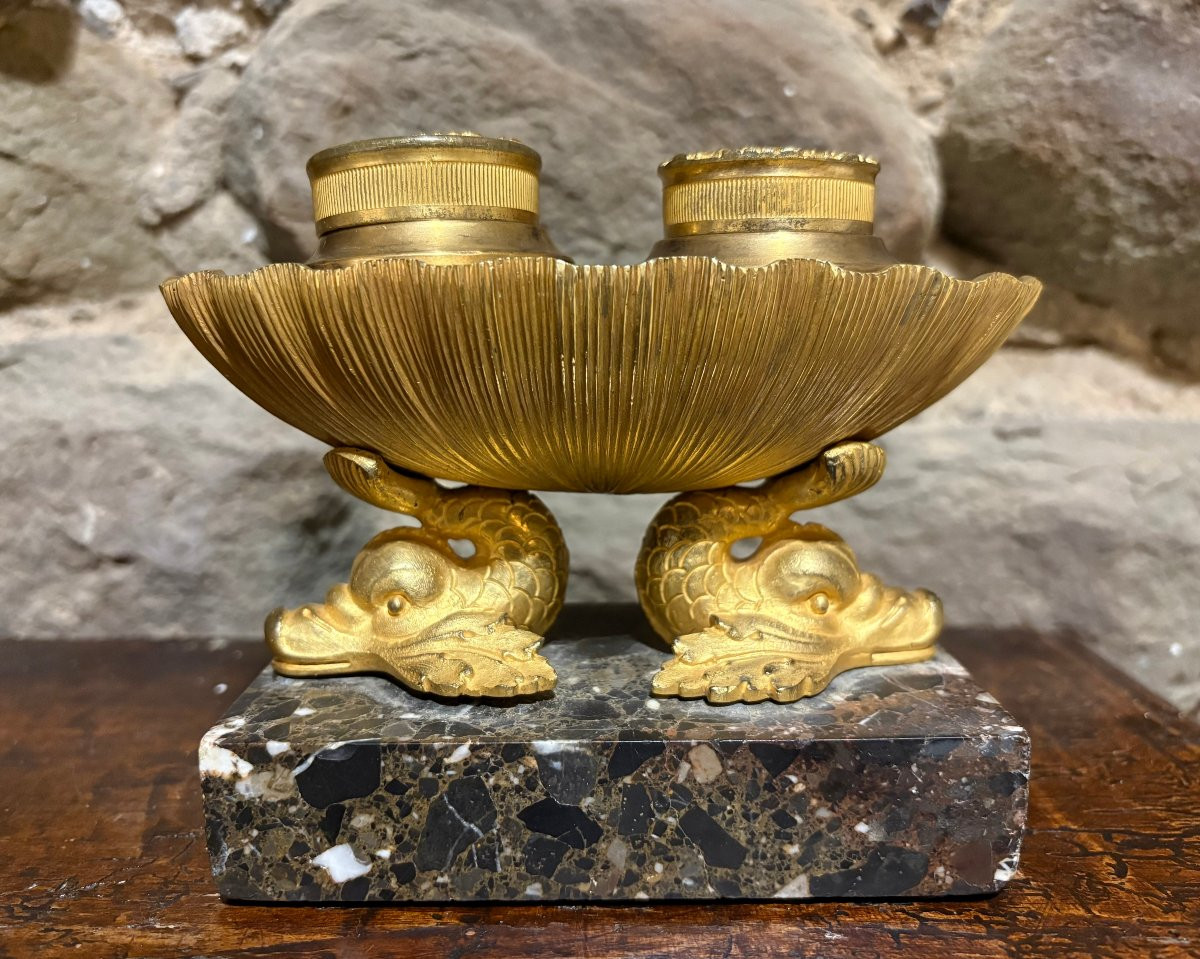 Calamaio Impero a Navicella Bronzo Dorato Ormolu inizi XIX secolo-photo-2