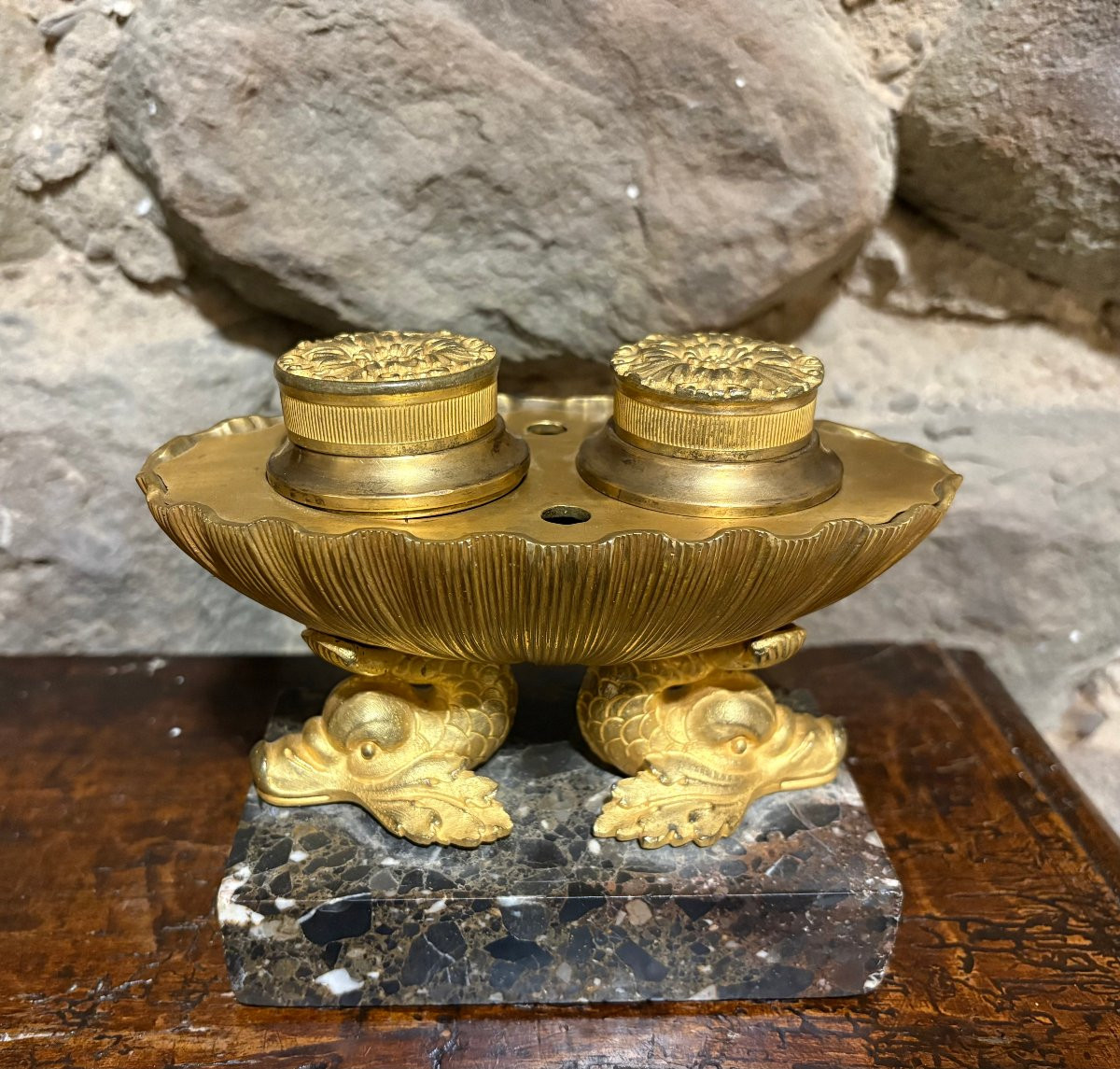 Calamaio Impero a Navicella Bronzo Dorato Ormolu inizi XIX secolo-photo-1