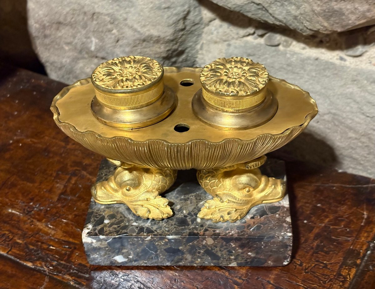 Calamaio Impero a Navicella Bronzo Dorato Ormolu inizi XIX secolo-photo-3