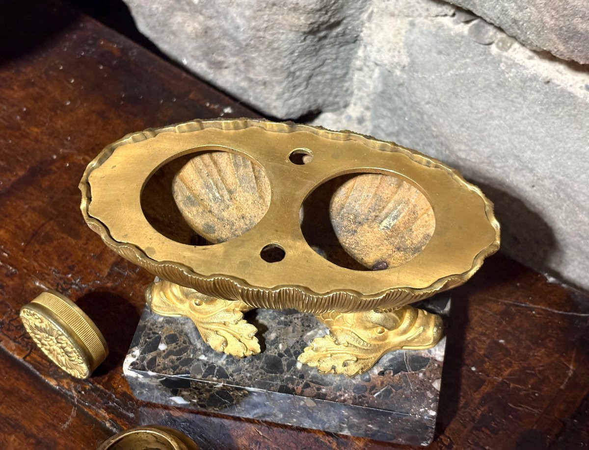 Calamaio Impero a Navicella Bronzo Dorato Ormolu inizi XIX secolo-photo-5