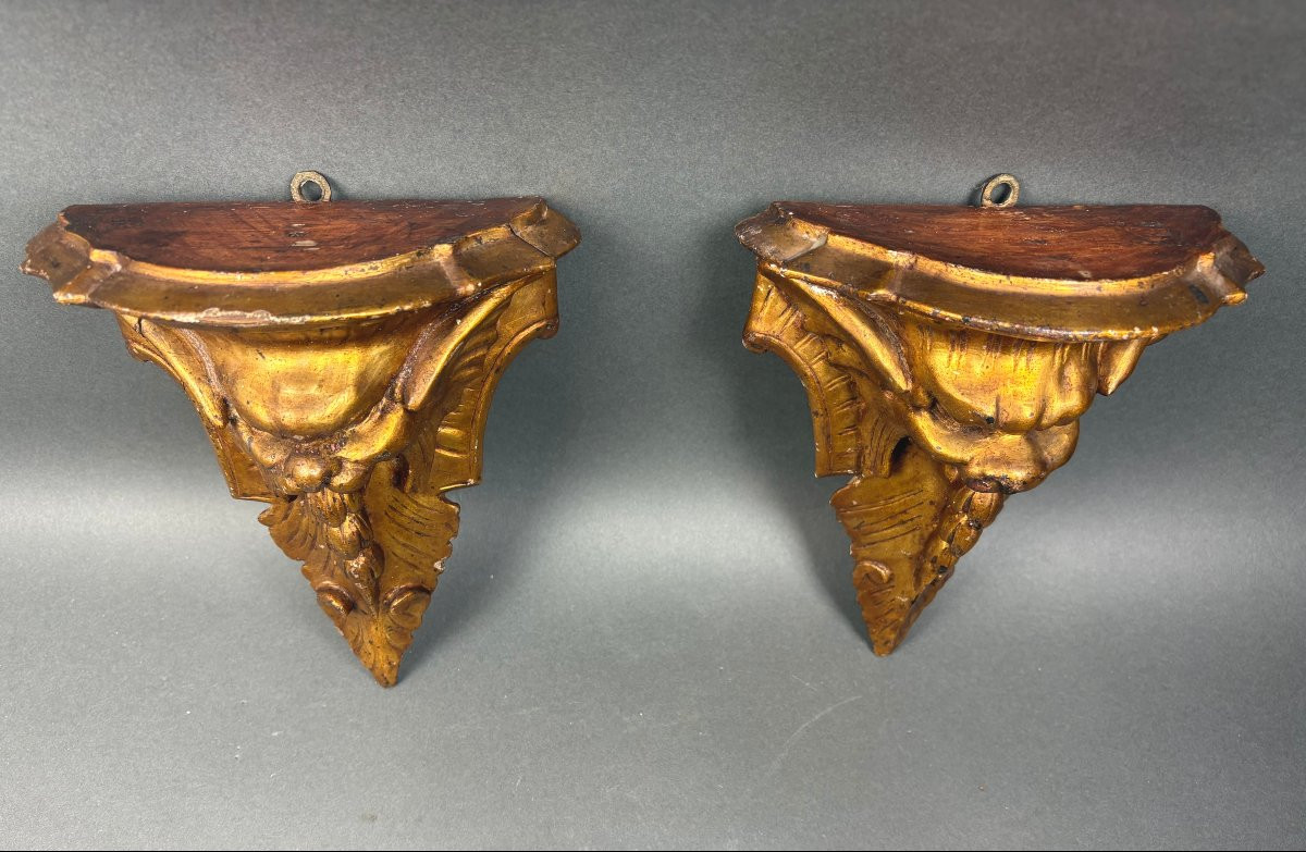 Coppia di Mensole Legno Dorato a Mascheroni Grotteschi XIX-photo-2