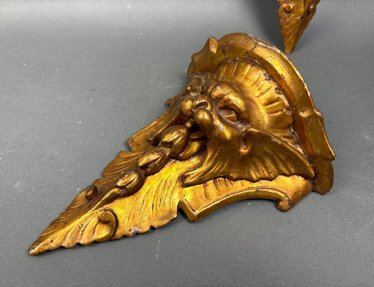 Coppia di Mensole Legno Dorato a Mascheroni Grotteschi XIX-photo-2