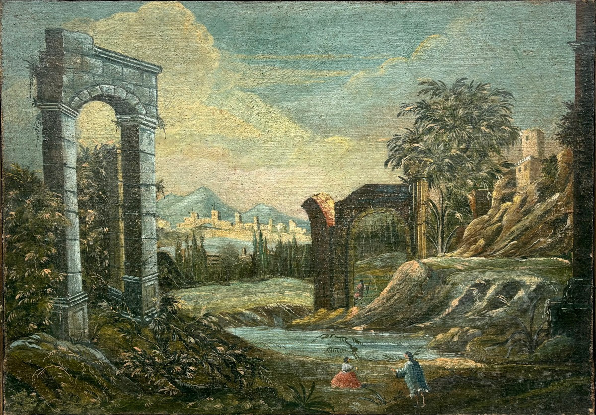 Tre Capricci Architettonici seguace di Gaetano Vetturali XVIII secolo-photo-2