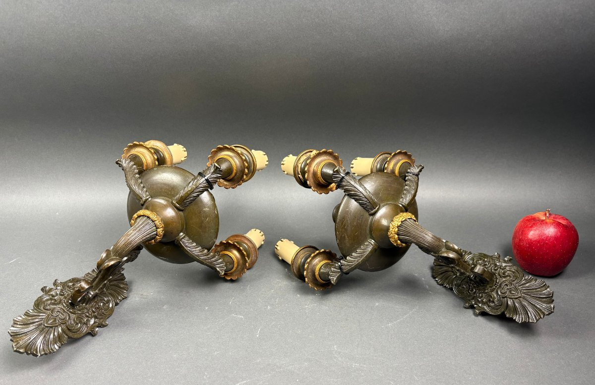Coppia di Applique Impero o Restaurazione Bronzo Dorato circa 1820-photo-3
