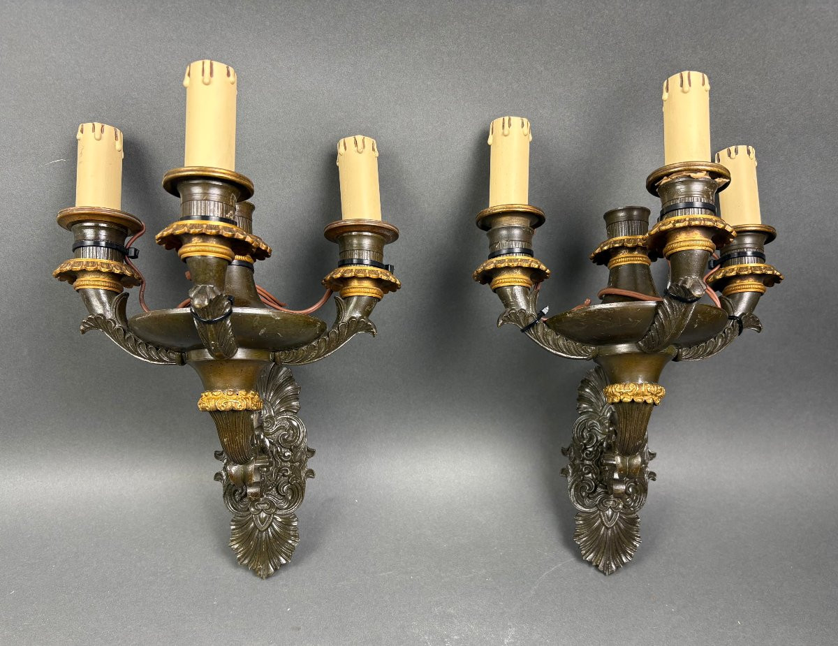 Coppia di Applique Impero o Restaurazione Bronzo Dorato circa 1820-photo-5