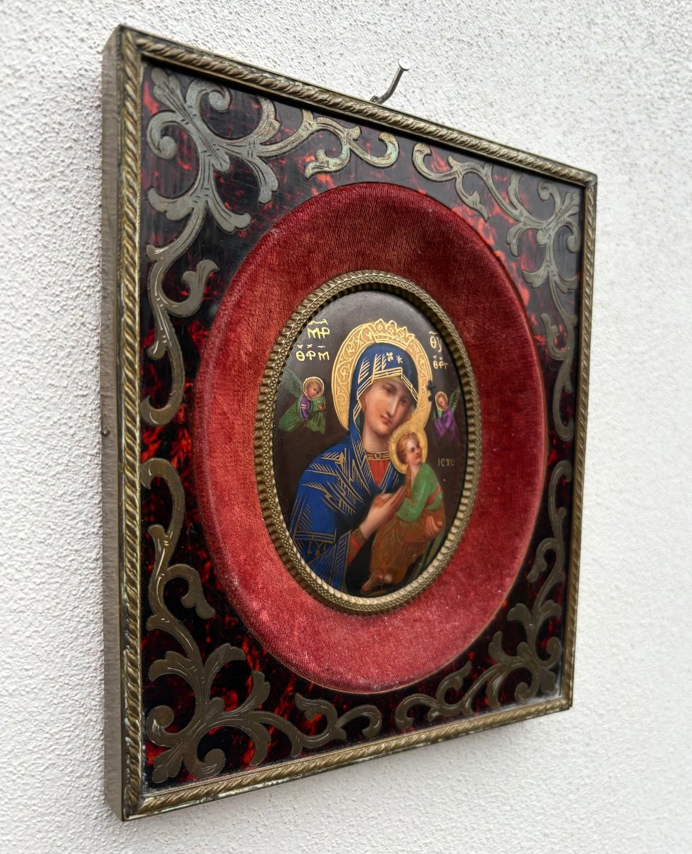 Miniatura Ortodossa Madonna con Bambino Cornice Marqueterie Boulle -photo-4