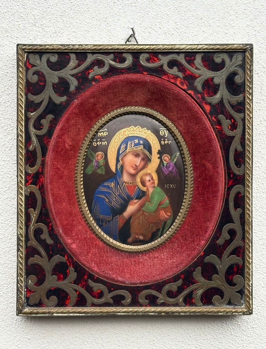 Miniatura Ortodossa Madonna con Bambino Cornice Marqueterie Boulle 