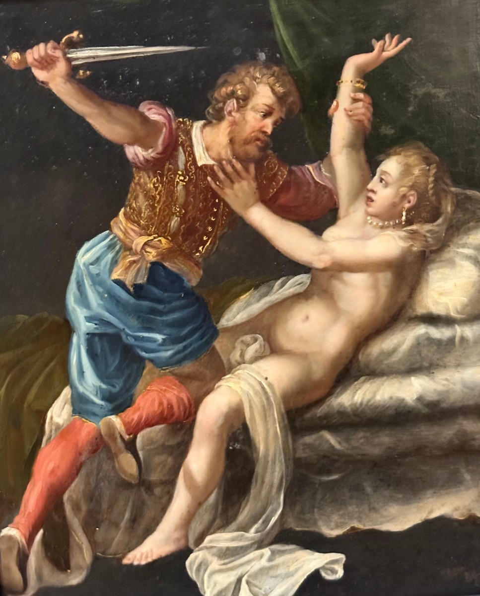 Pittura su Ardesia inizio XVII secolo Scuola Veneta "Tarquinio e Lucrezia" 