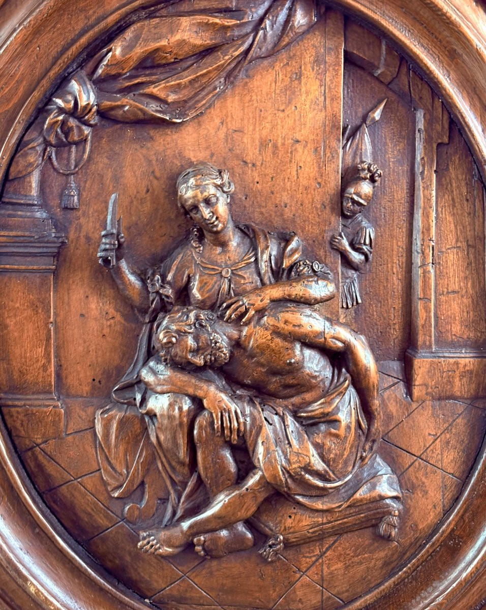 Grande Medaglione in Noce Scolpito Sansone e Dalila XVIII secolo-photo-2