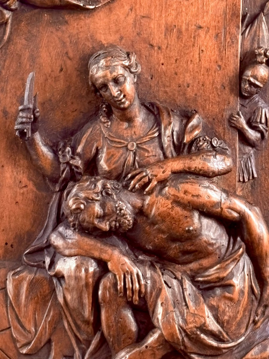 Grande Medaglione in Noce Scolpito Sansone e Dalila XVIII secolo-photo-3