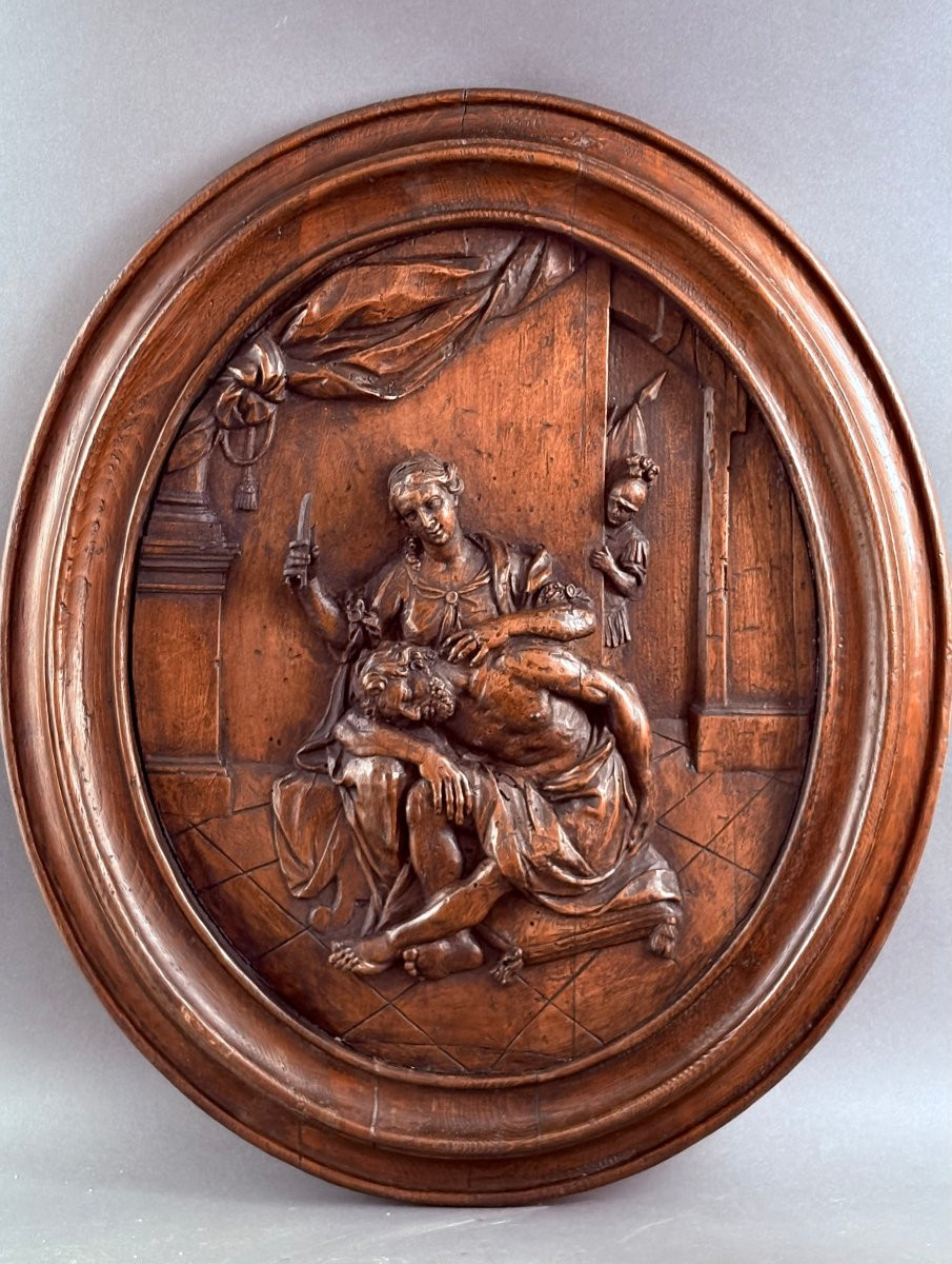 Grande Medaglione in Noce Scolpito Sansone e Dalila XVIII secolo-photo-2