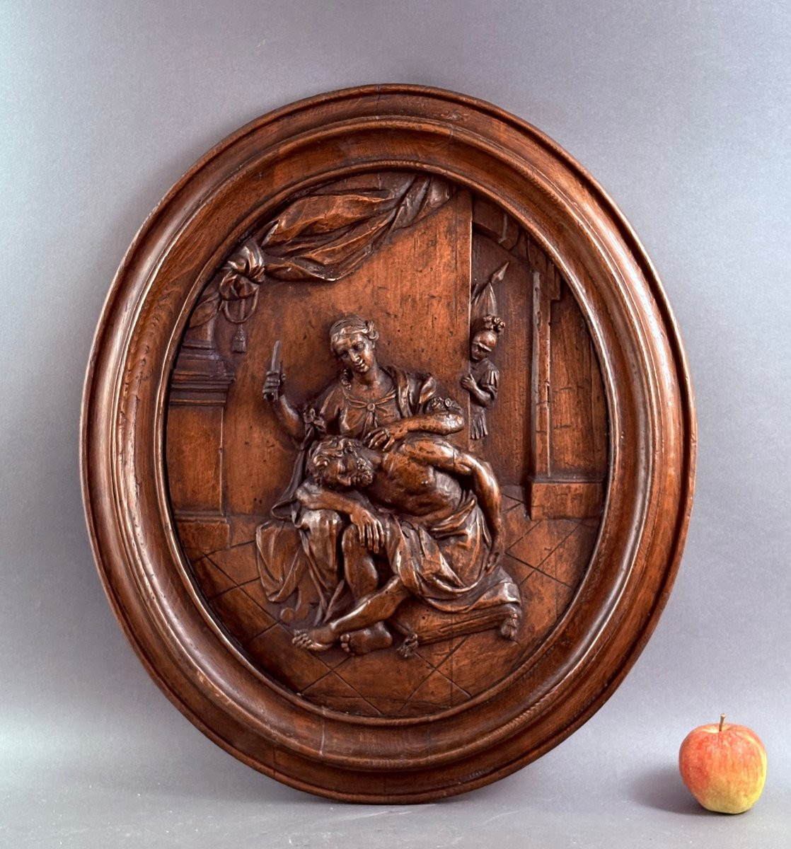 Grande Medaglione in Noce Scolpito Sansone e Dalila XVIII secolo-photo-3