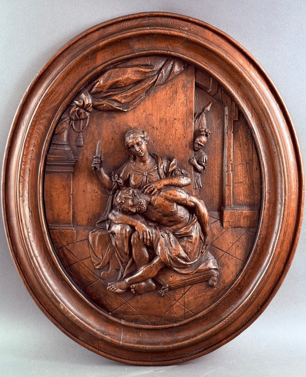 Grande Medaglione in Noce Scolpito Sansone e Dalila XVIII secolo