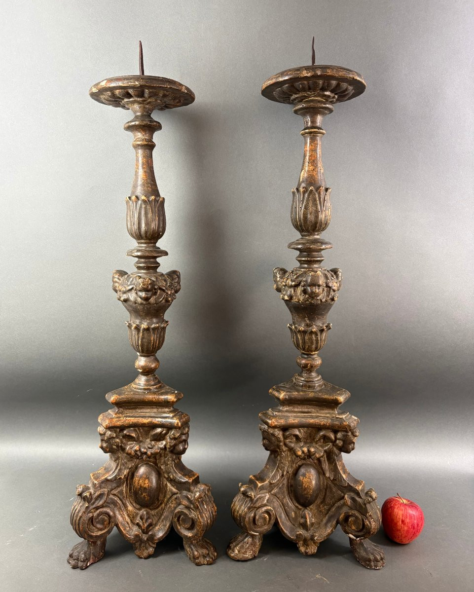 Coppia di Grandi Candelieri  Barocchi in Legno Argentato Italia XVIII secolo-photo-2