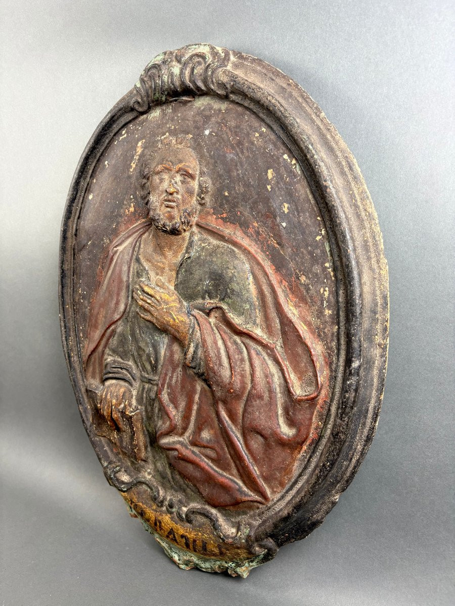 Grande Medaglione Barocco Terracotta Policroma San Paolo XVIII secolo-photo-3