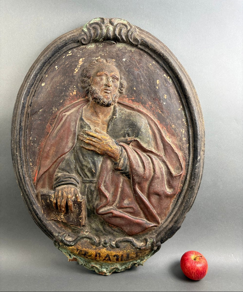 Grande Medaglione Barocco Terracotta Policroma San Paolo XVIII secolo-photo-4