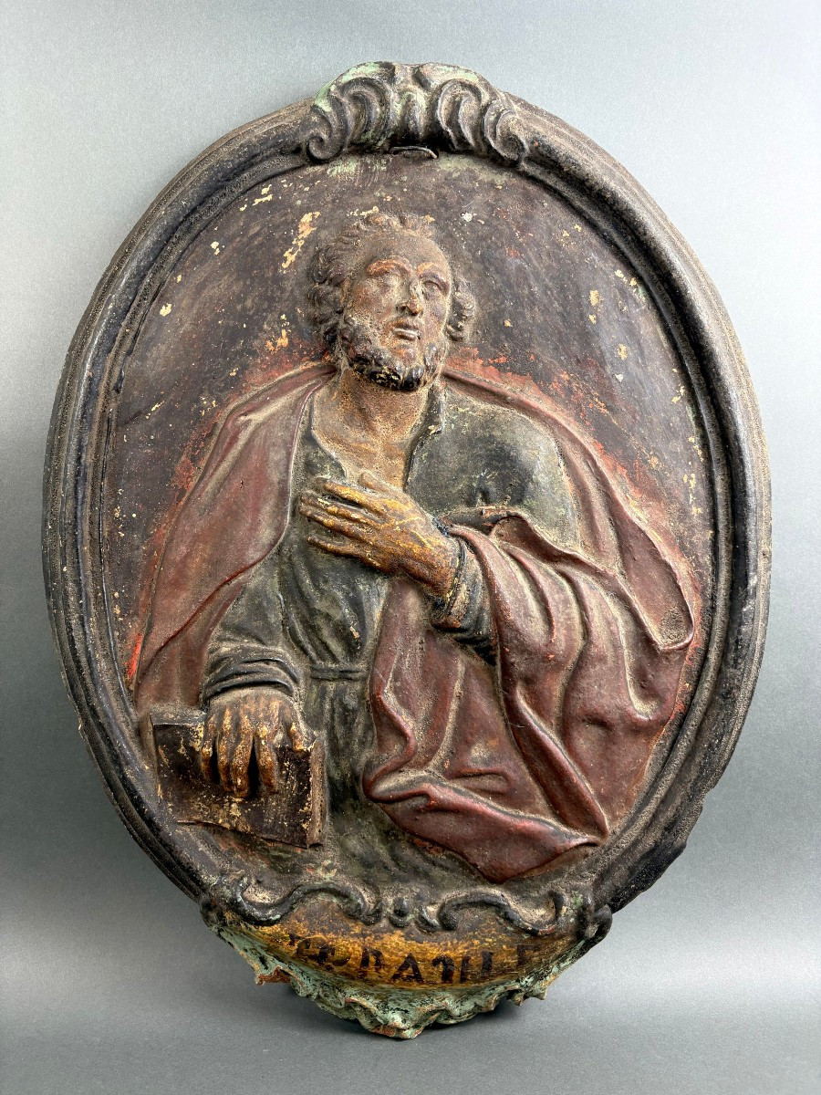 Grande Medaglione Barocco Terracotta Policroma San Paolo XVIII secolo