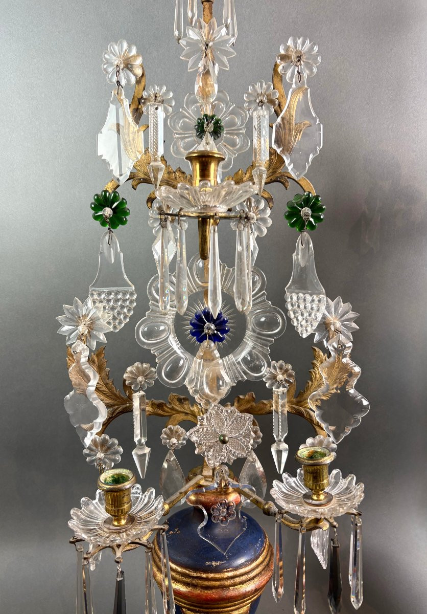 Imponente Coppia di Candelabri a Girandola Luigi XVI Cristallo Bronzo Dorato-photo-1