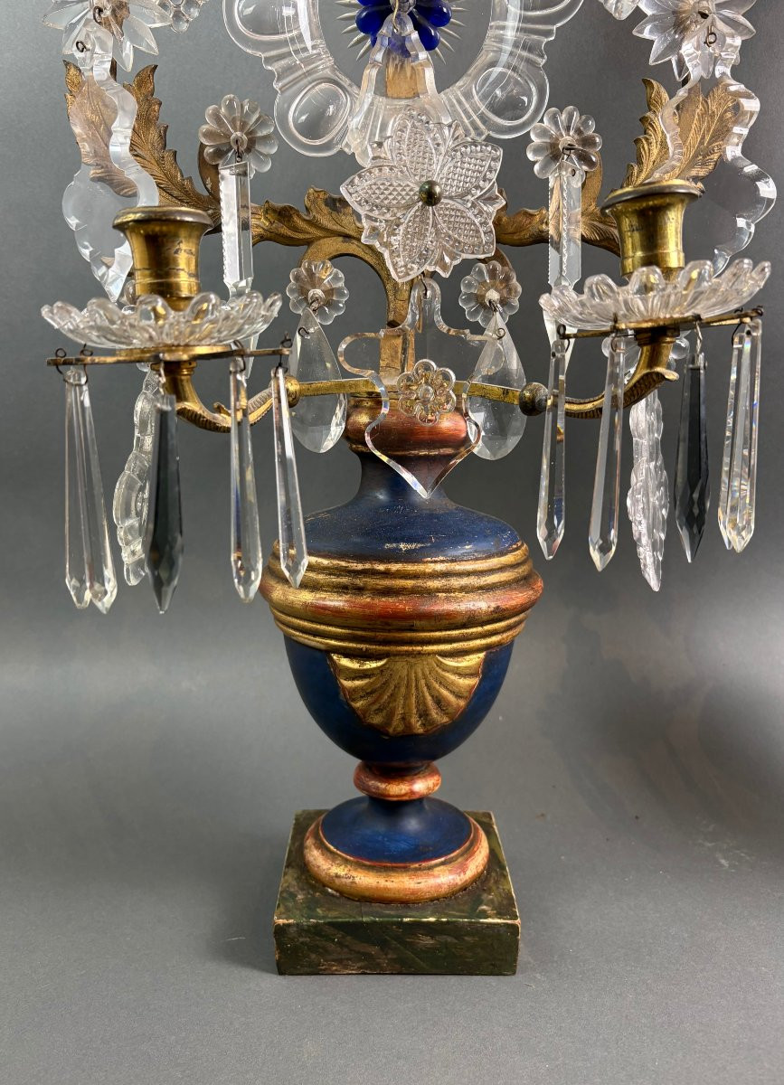 Imponente Coppia di Candelabri a Girandola Luigi XVI Cristallo Bronzo Dorato-photo-2