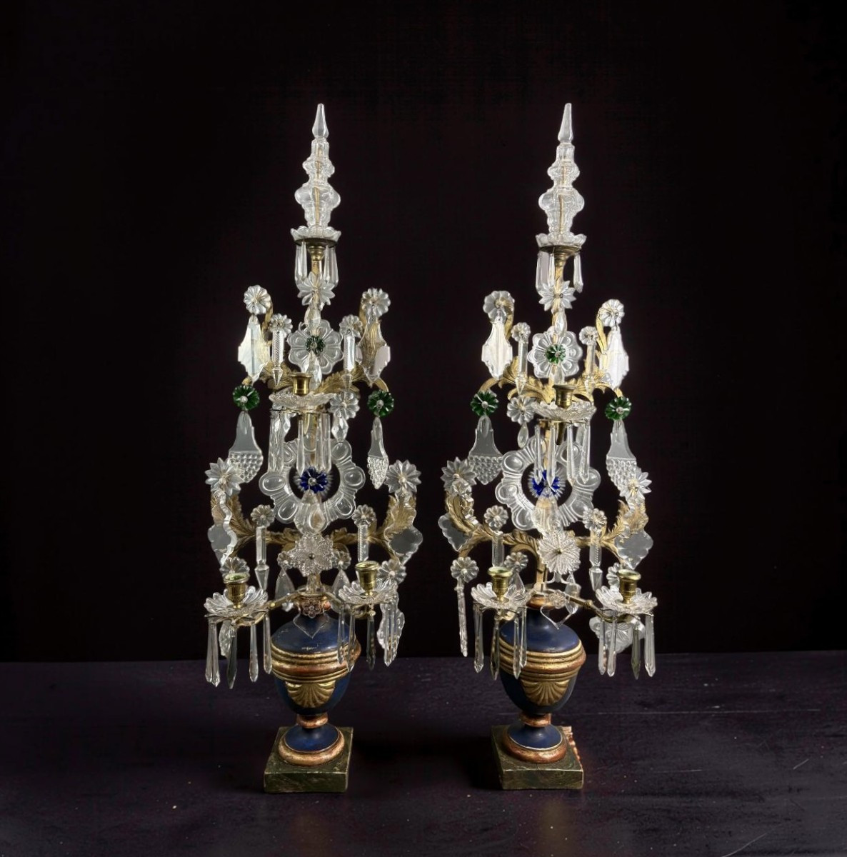 Imponente Coppia di Candelabri a Girandola Luigi XVI Cristallo Bronzo Dorato