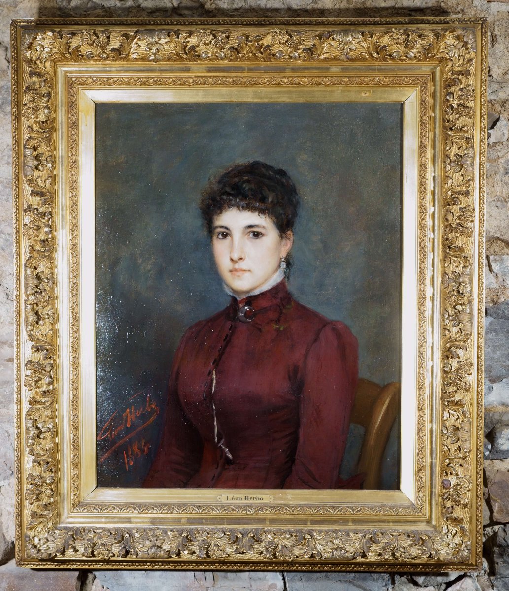 Léon Herbo (1850-1907) Grande Ritratto di ragazza firmato e datato 1884