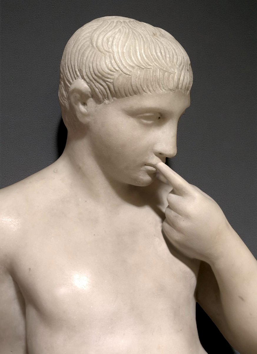 Scultura Neoclassica Efebo Arpocratico in Marmo Roma XVIII secolo-photo-6