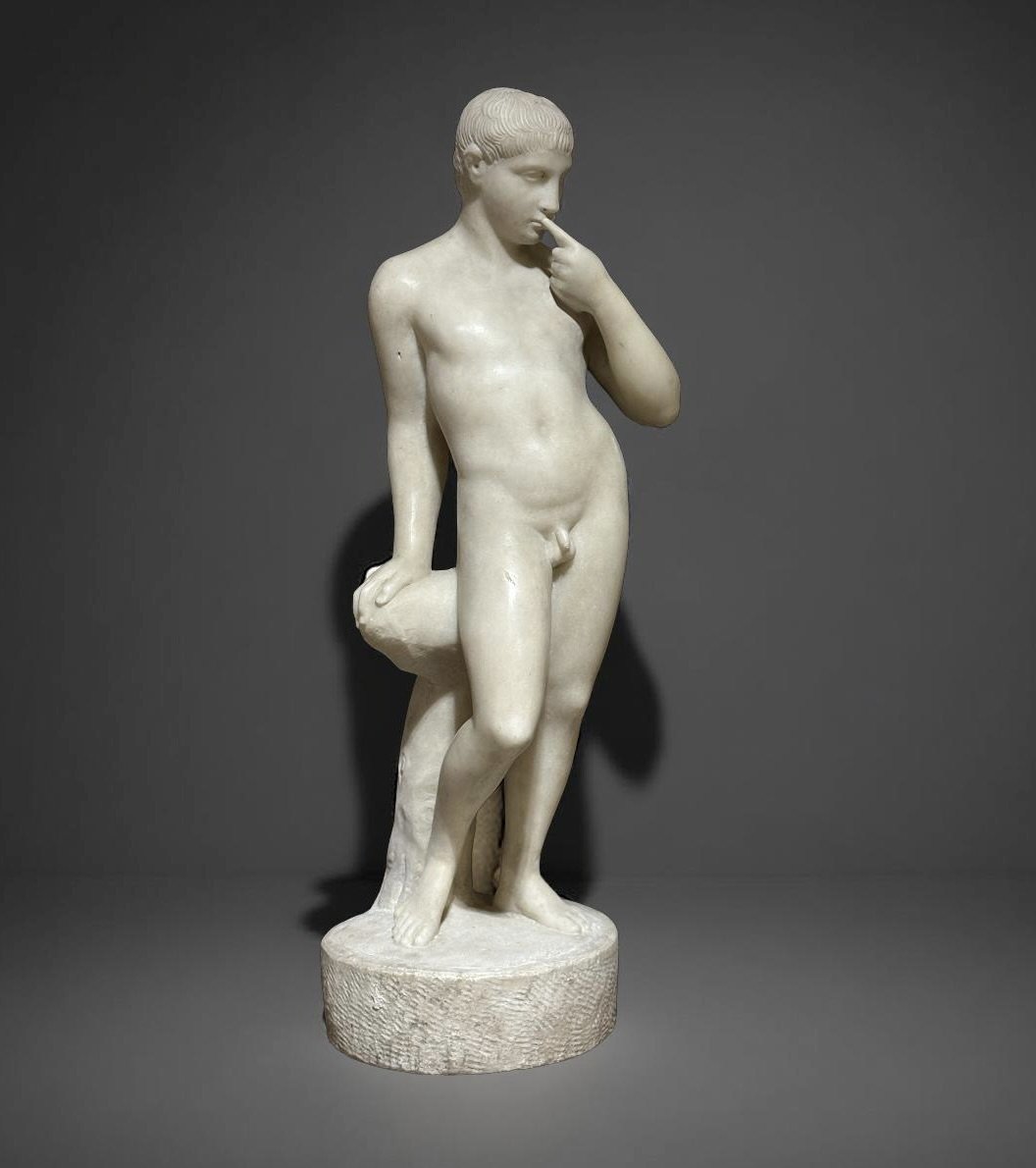 Scultura Neoclassica Efebo Arpocratico in Marmo Roma XVIII secolo